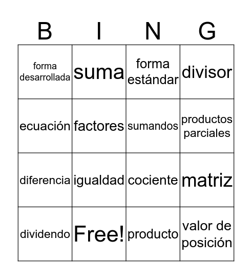 Math Vocabulary Bingo Card