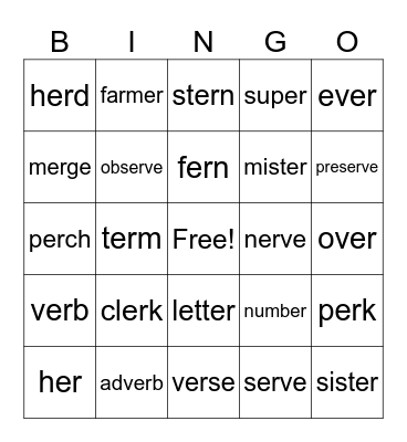 ER Words Lesson #80 Bingo Card