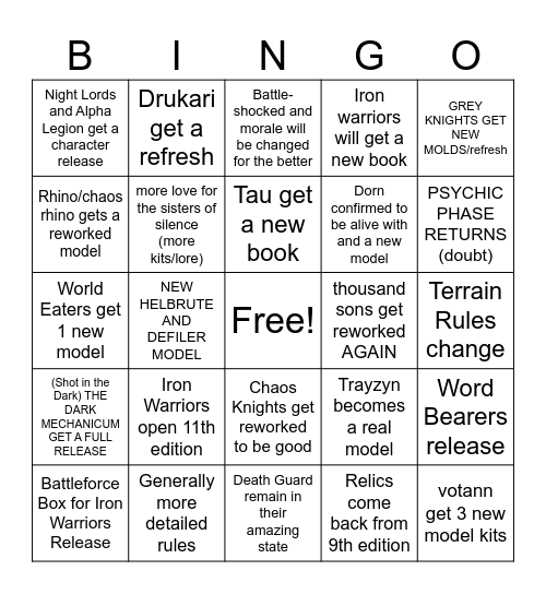 11th edition Warhammer Bingo Card
