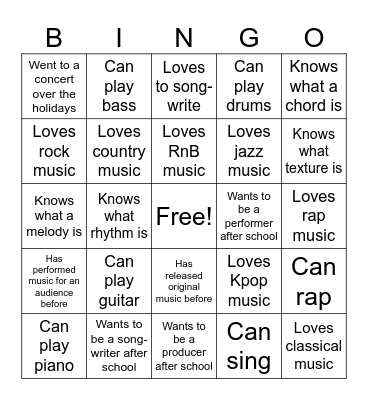 Music Bingo Card