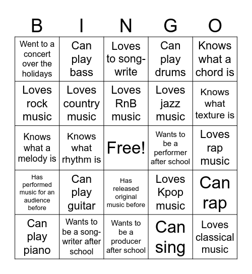 Music Bingo Card