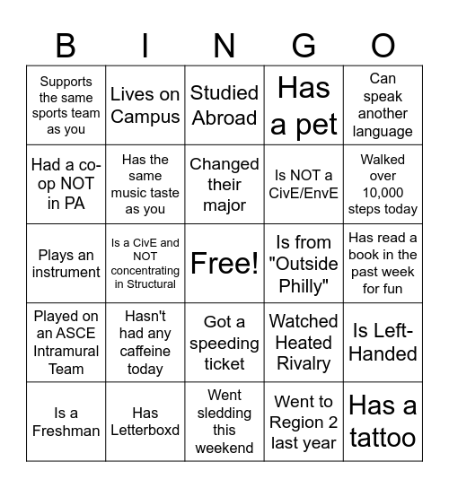ASCE Bingo! Find someone who... Bingo Card