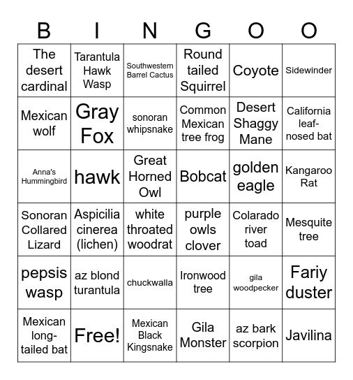 Sonoran Desert Organism Padlet Bingo Card