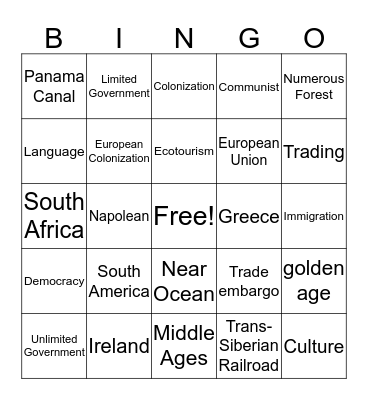 Geograpy Bingo Card
