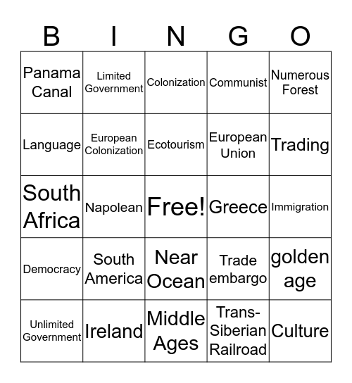 Geograpy Bingo Card