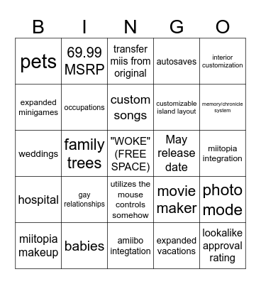 Tomodachi Lifestream Bingo Card