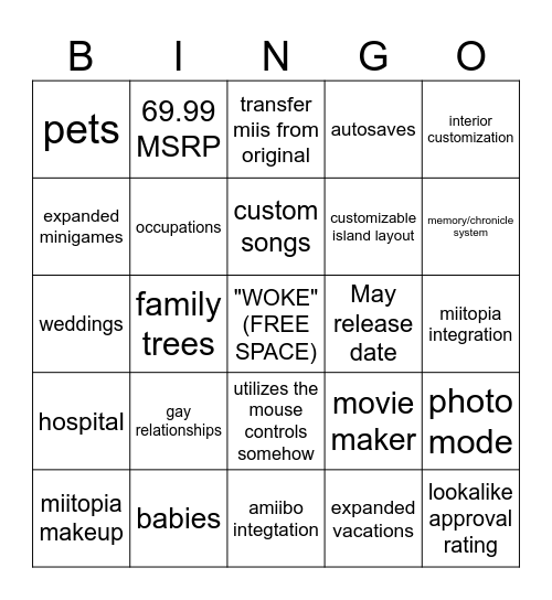 Tomodachi Lifestream Bingo Card