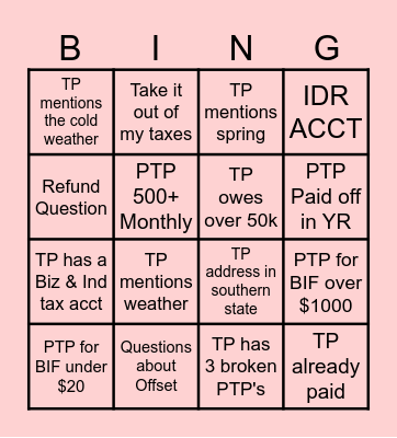 TAX COLLECTOR BINGO Card