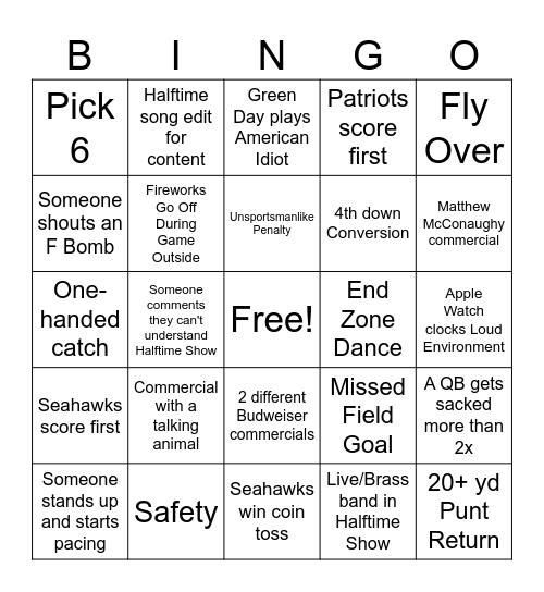 SUPERBOWL XL BINGO Card
