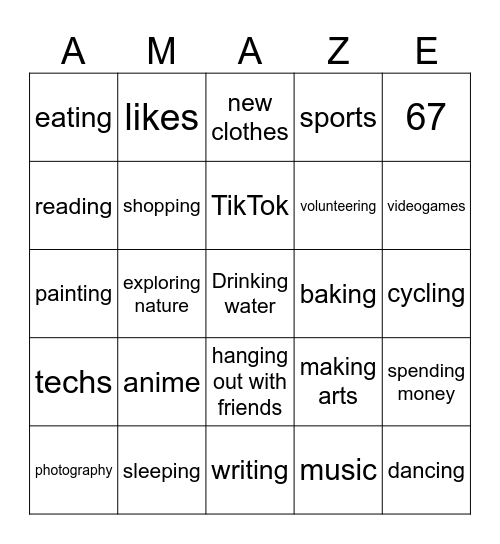 Hobbies Bingo Card
