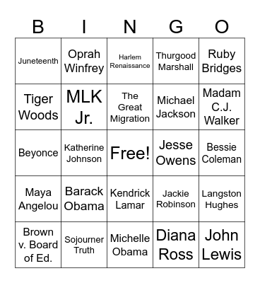 African American History Month Bingo Card