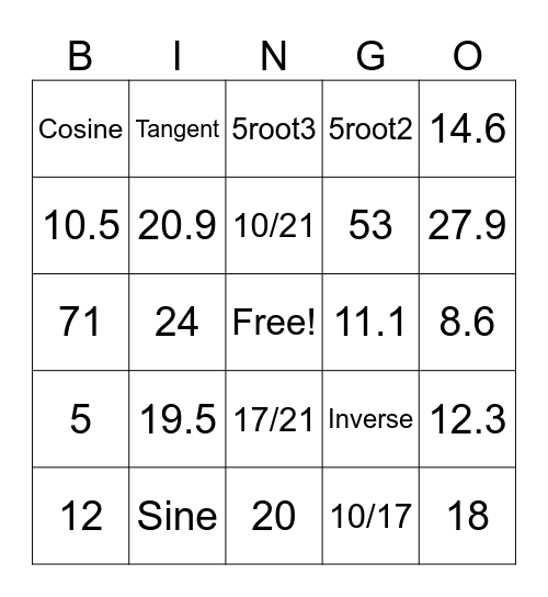 Trigonometry Review Bingo Card