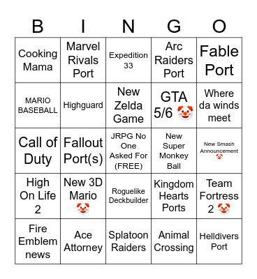Nintendo Direct February 2026 Bingo Card