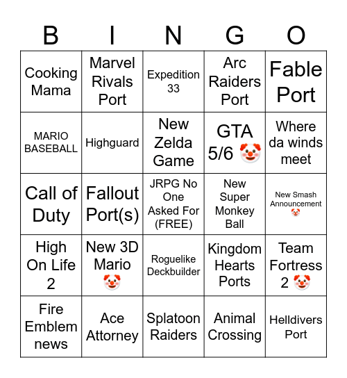 Nintendo Direct February 2026 Bingo Card