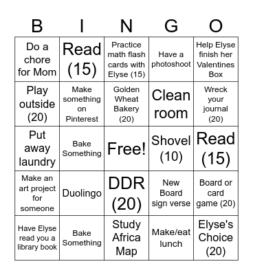 Jaelyn's Snow Day Bingo Card