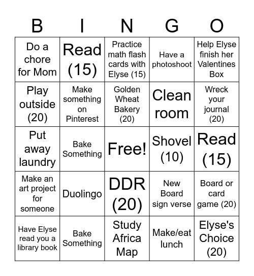 Jaelyn's Snow Day Bingo Card