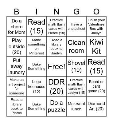 Elyse's Snow Day Bingo Card