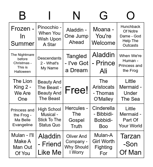 DISNEY SONGS! Bingo Card