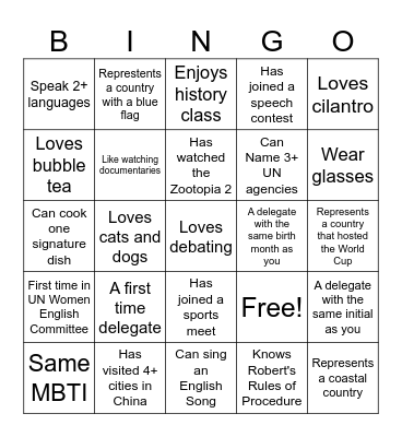 UN Women ice-breaking Bingo Card