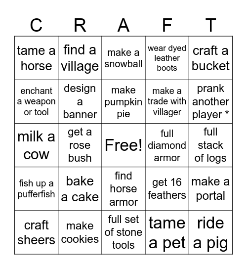 Minecraft Bingo (easy) Bingo Card