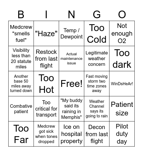 Flight Turndown Bingo Card