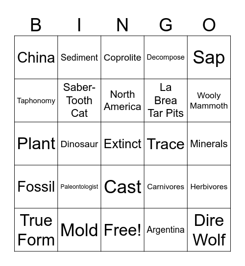 FOSSILS Bingo Card