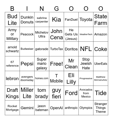 SuperBowl Ad Commercials Bingo Card