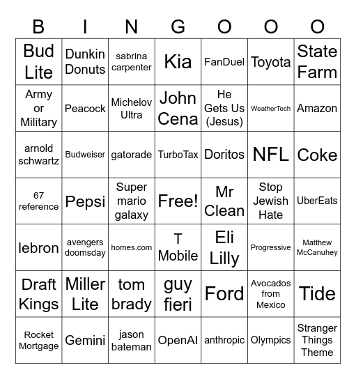 SuperBowl Ad Commercials Bingo Card