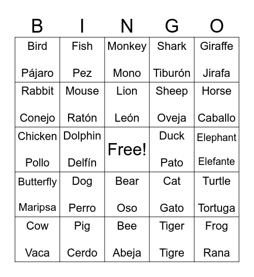 Penelope's Spanish Bingo Card