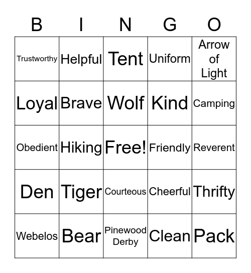 Cub Scout Bingo Card