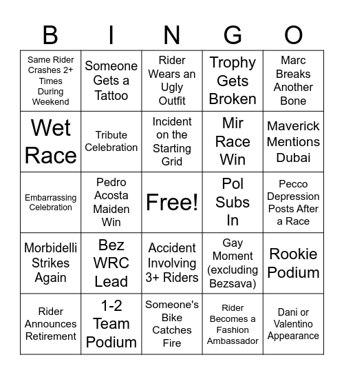MotoGP Bingo Card