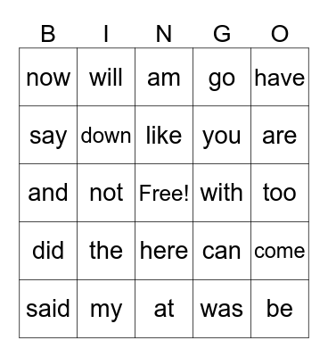 Sight Words Bingo Card