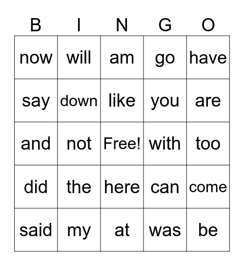 Sight Words Bingo Card