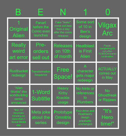 Ben 10 Comic Prediction Bingo Card