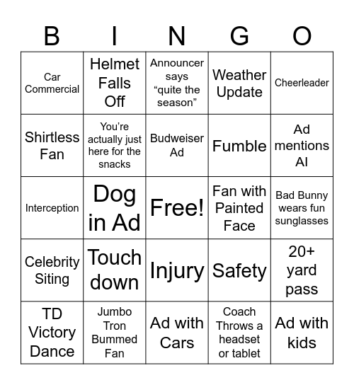 Superb Owl Bingo Card