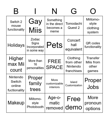 Tomodachi Life Direct Bingo Card