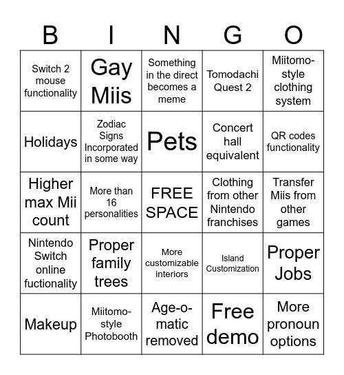 Tomodachi Life Direct Bingo Card