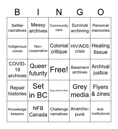 Bad Archives + Unarchived Bingo Card