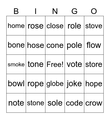 Long O Bingo Card