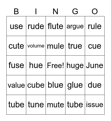 Long U Bingo Card