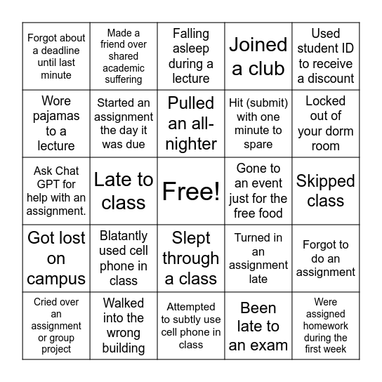College Bingo Card