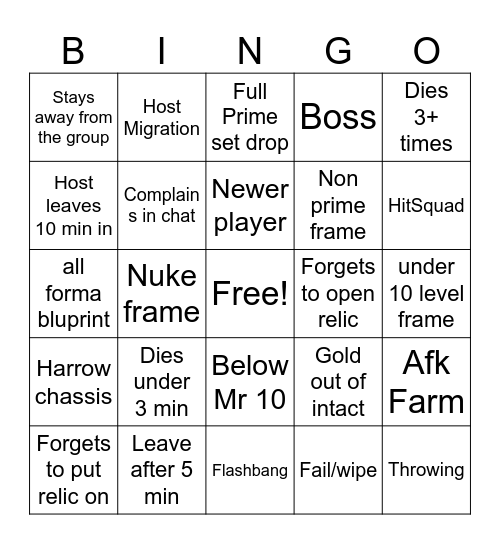 Pub Relic bingo Card