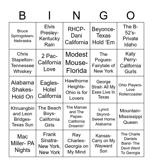 Radio Bingo The "State" of Music Bingo Card