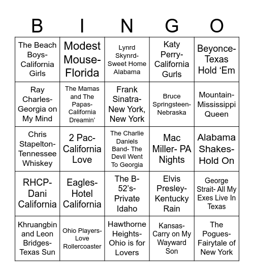 Radio Bingo The "State" of Music Bingo Card