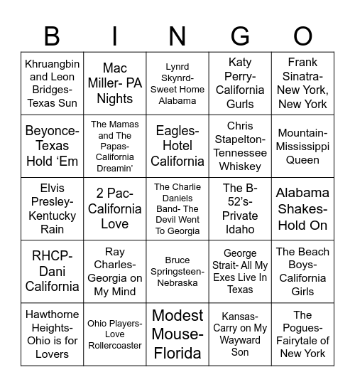 Radio Bingo The "State" of Music Bingo Card