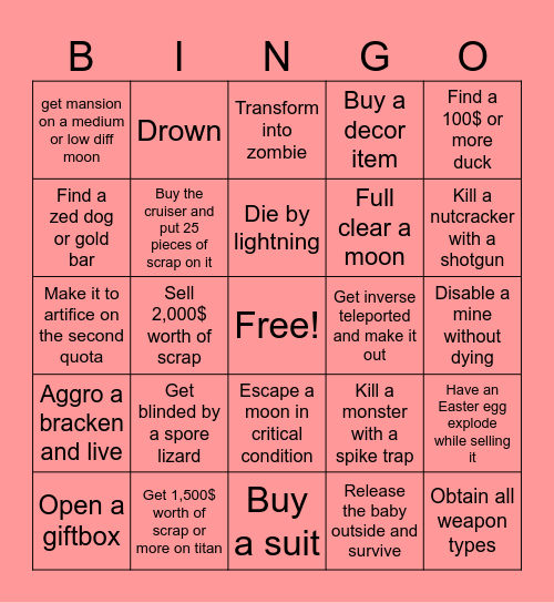 Lethal company bingo board Bingo Card