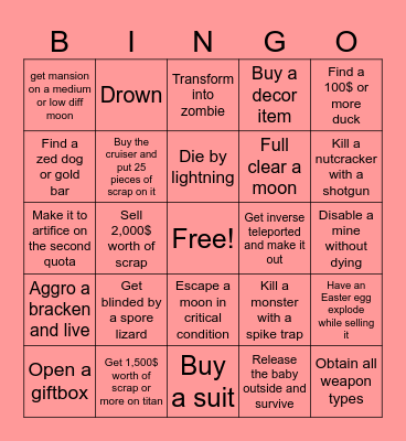 Lethal company bingo board Bingo Card