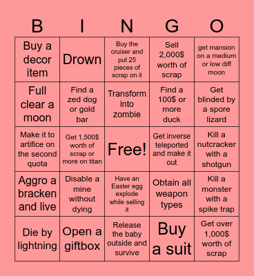 Lethal company bingo board Bingo Card