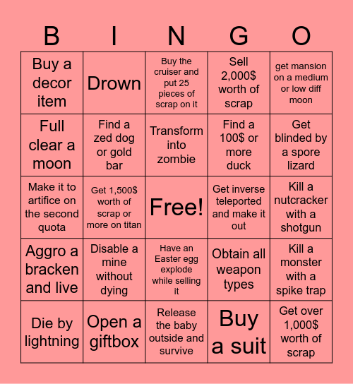 Lethal company bingo board Bingo Card