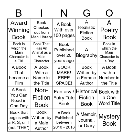 Book Challenge Bingo 2017 Bingo Card